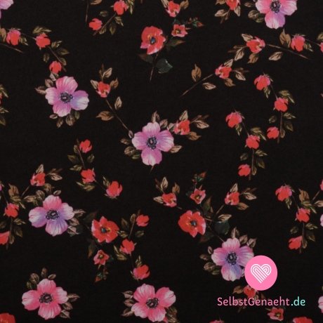 Seidiger / Kunstseide / Spinnennetz-Frühlingsblumendruck auf Schwarz