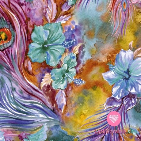 Úplet potlač exotické kvety a pávie perie do fialova