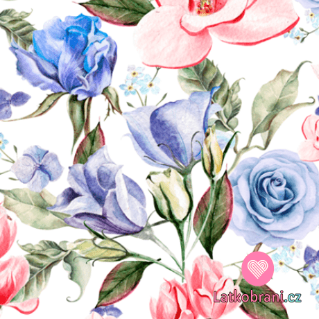 Teplákovina potisk modré a růžové čínské růže
