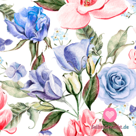 French Terry bedruckt mit blauen und rosafarbenen chinesischen Rosen