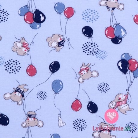 Bavlnený úplet myšky s balóniky na modrej