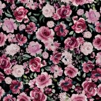 Teplákovina počesaná potisk rozkvetlé růžové květy na černé, BIO