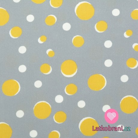 Bavlněný popelín potisk žluto-bílé puntíky na šedém podkladu