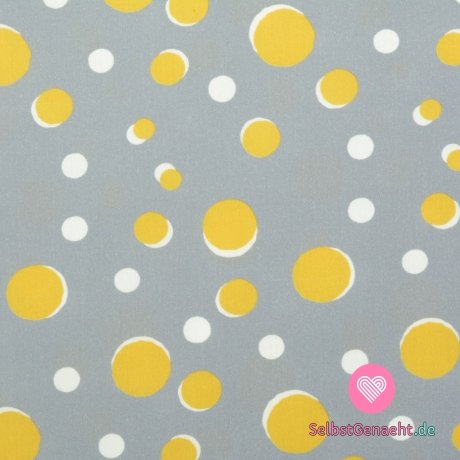 Baumwoll-Popeline-Print mit gelb-weißen Tupfen auf grauem Grund