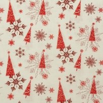 Bavlněné plátno potisk vánoční strom mezi vločkami na bílé