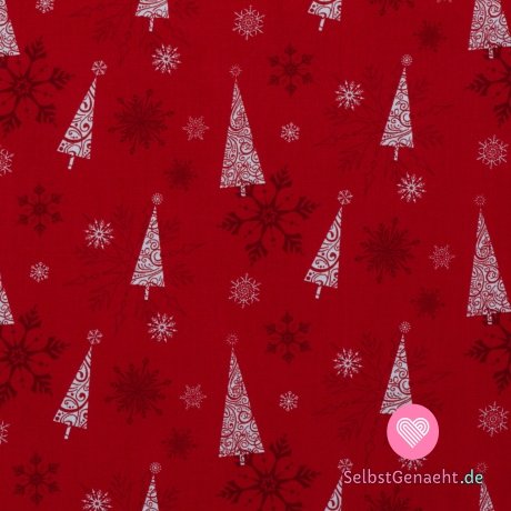 Baumwoll-Leinwandbild Weihnachtsbaum zwischen Schneeflocken auf Rot