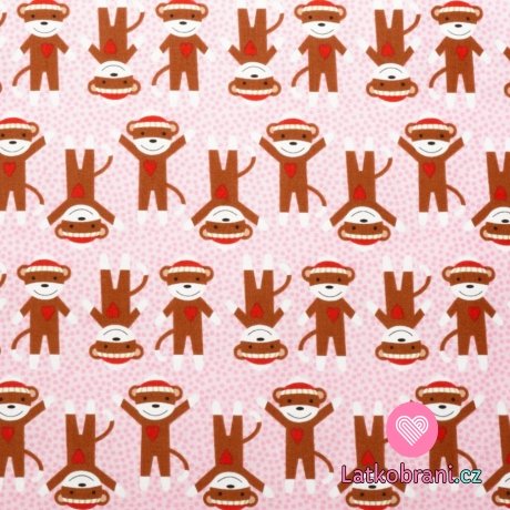 Bavlněné plátno opičky na růžovém puntíku
