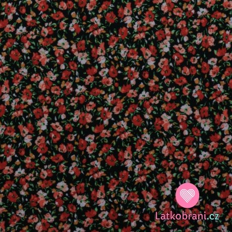 Viskózový úplet potisk drobné červené a růžové květy na černé 