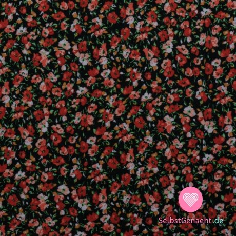 Viskose-Strickdruck mit kleinen roten und rosa Blumen auf Schwarz