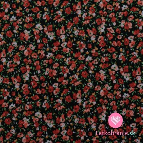 Viskózový úplet potlač drobné červené a ružové kvety na čiernej