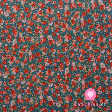 Viskózový úplet potisk drobné červené a růžové květy na modré jeans 