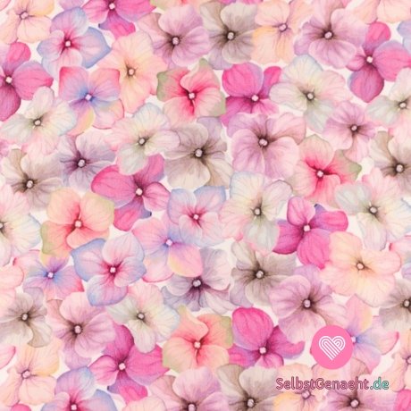 Gestrickter Druck rosa-lila Hortensienblüte auf Weiß