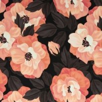 Modalová teplákovina ružové kvety na čiernej