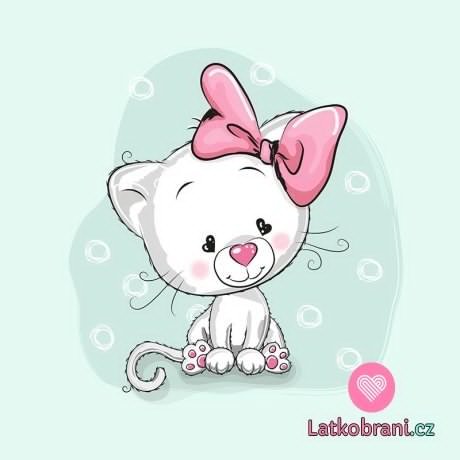 Panel kočička bílá s růžovou mašlí na mintové
