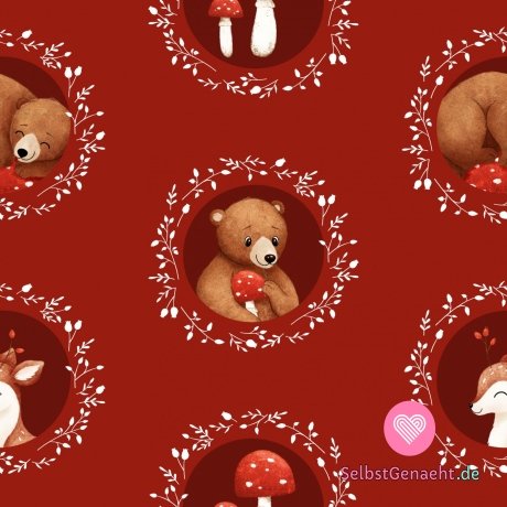 Sweat-Stoffdruck mit Teddybären in einem Medaillon auf Rot