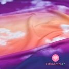 Teplákovina s příměsí modalu potisk mraky na fialovo - oranžové