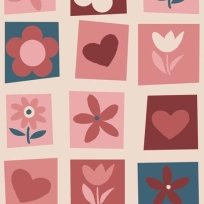 Gestrickte Blumen und Herzen in Quadraten