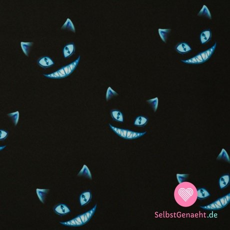 Softshell-Print einer gruseligen blauen Katze auf Schwarz