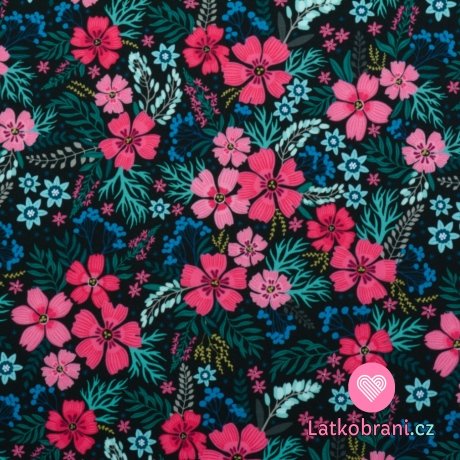 Softshell s fleecem potisk růžové květy s lístečky na tmavě modré 