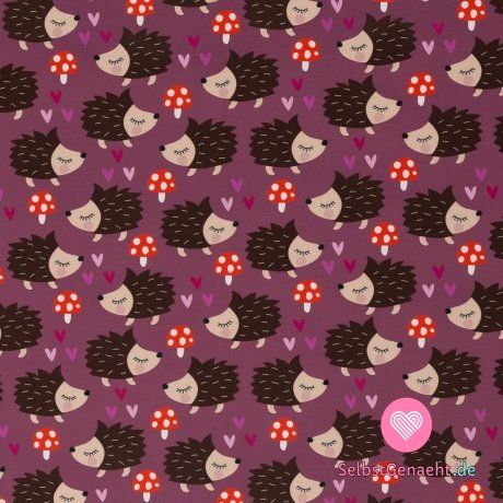 Softshell-Print von Igeln mit Fliegenpilzen auf Rosa mit Fleece