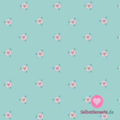 Strickdruck einer kleinen rosa Blume auf mintgrünem Hintergrund