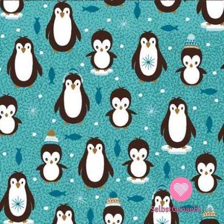 Strickprint mit tanzenden Pinguinen auf türkisfarbenem Grund