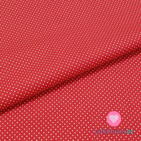 Bavlněné plátno drobné bílé puntíky na červené 