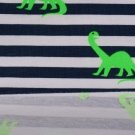 Úplet potisk tmavomodré proužky na bílé s neonkově zelenými dinosaury