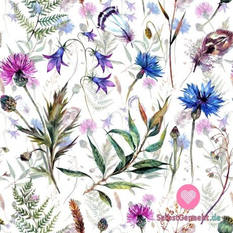 French Terryn bedrucken Wiesenblumen und Federn