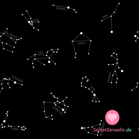 Sternbilder und Tierkreiszeichen mit Strickdruck auf Schwarz
