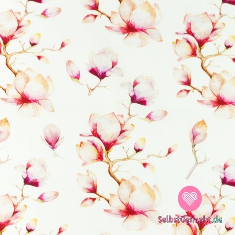 Baumwollpopeline Magnoliendruck auf Weiß