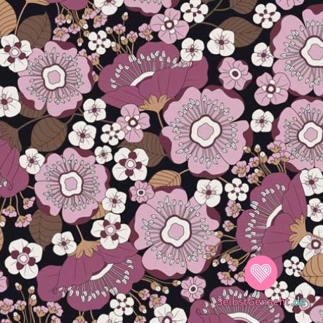 Strickdruck mit rosa Blumen auf schwarzem Hintergrund