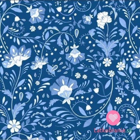 Úplet potlač folklórne modrobiele kvety na modrej