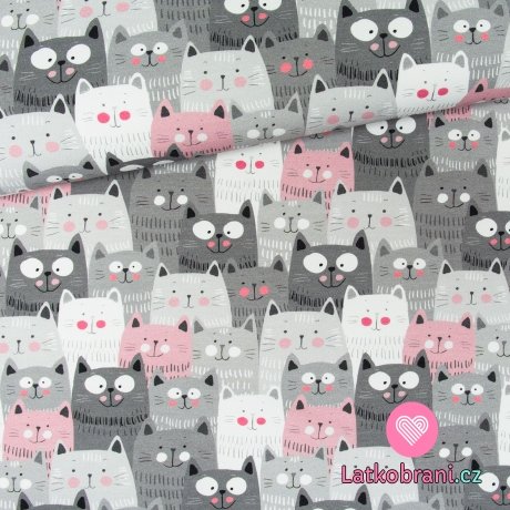 Bavlněné plátno kočky šedé, růžové v řadě 