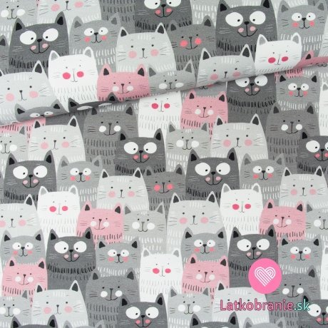Bavlnené plátno mačky šedé, ružové v rade
