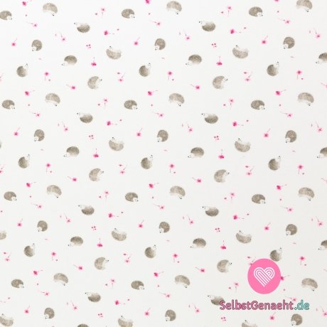 Strickdruck von Igeln zwischen rosafarbenem vierblättrigem Kleeblatt auf Weiß