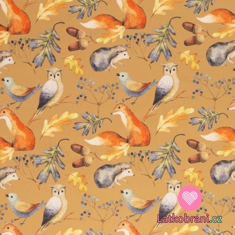 Bavlněné plátno potisk zvířátka na podzim na zaprášené hořčicové