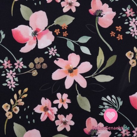 Softshell mit Fleece-Print aus rosa Blumen auf Schwarz