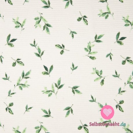 Baumwoll-Waffelstrick mit grünen Blütenblättern auf Weiß