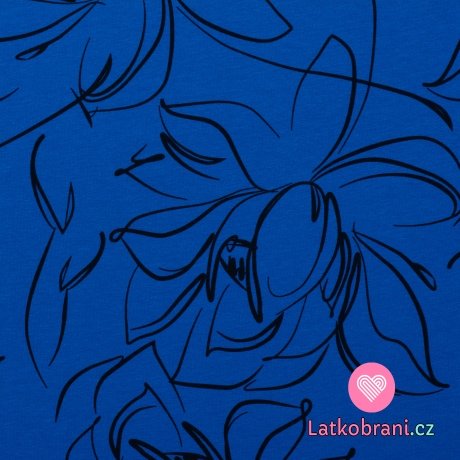 Teplákovina potisk černé květy na královsky modré