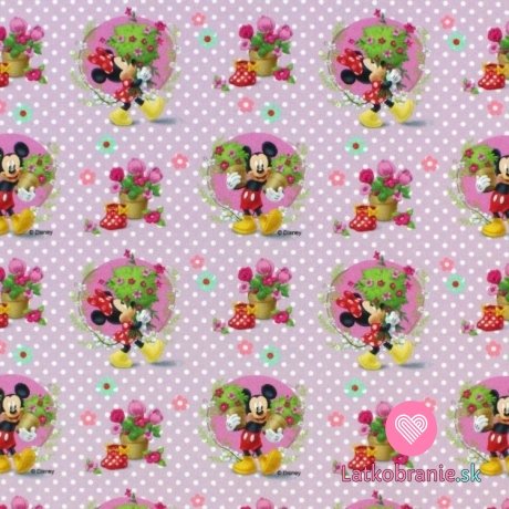 Úplet potlač Mickey a Minnie záhradníci medzi bodky na ružové
