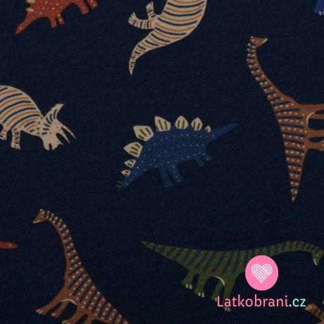 Teplákovina počesaná potisk barevní dinosauři na tmavě modré