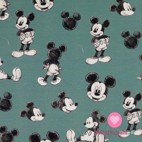Strickwarenprint Mickey Mouse auf sattem Altgrün