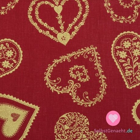 Baumwoll-Leinwanddruck mit großen goldenen Herzen auf Rot
