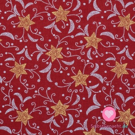 Baumwoll-Leinwanddruck mit goldenen Sternen zwischen Ornamenten auf Rot