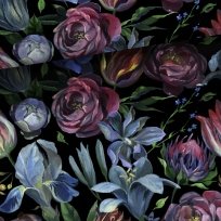 Teplákovina potisk barokní květy na černé