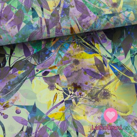 Teplákovina potisk abstraktní květy ve fialovo-zelené