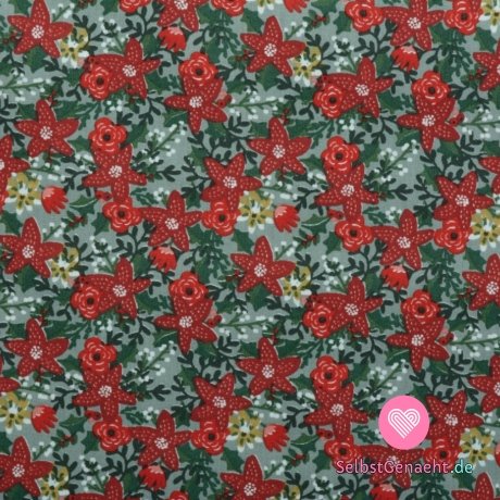 Baumwoll-Popeline-Print mit Weihnachtsblumen auf Grün