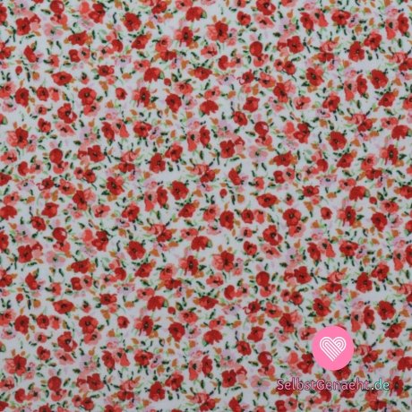 Viskose-Strickdruck mit kleinen roten und rosa Blumen auf Weiß