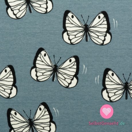 Rippstrickdruck mit Schmetterlingen auf Blau, BIO